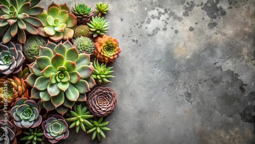 Poster A vibrant collection of succulents arranged on a textured surface, creating a captivating botanical display with ample copy space