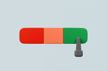 3d Speedometer icon. Minimal Status Speedometer with arrow scale gauge. Green, Yellow, Orange, Red Status color or low, medium, high arrow scale performance status icon. Credit rating score. 3d render