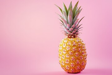 A single ripe pineapple stands centered against a pink backdrop