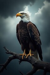 Eagle perched on branch stormy sky