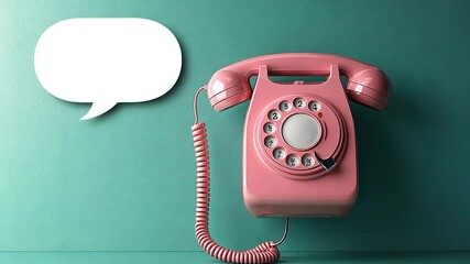 Vintage pink telephone with speech bubbles on a teal background