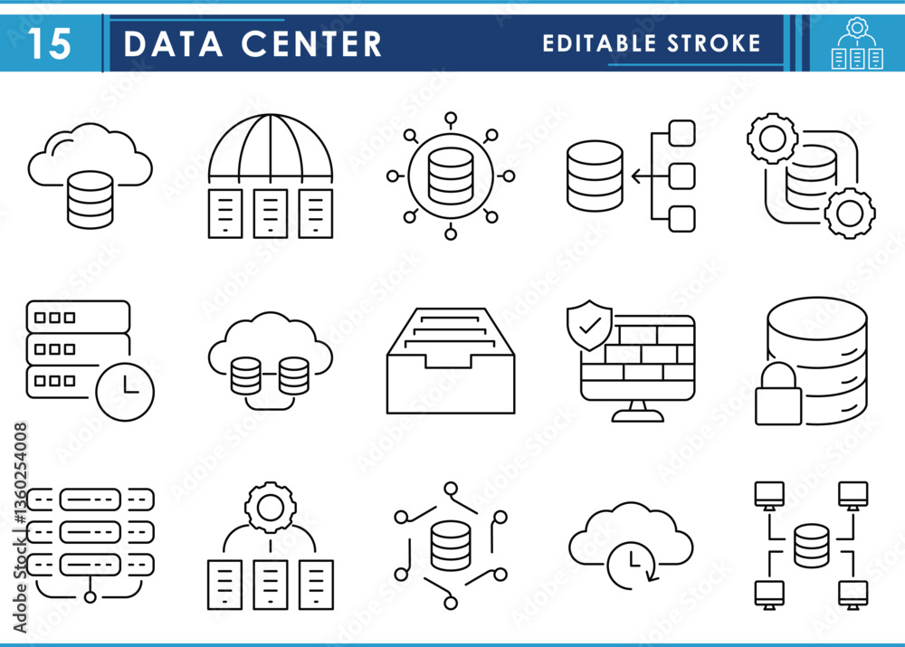 Poster a set of line icons related to data center. data, analysis, cloud, firewall, protection, computing, 