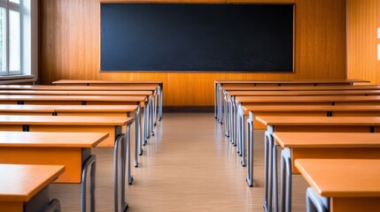 Empty classroom with rows of desks and a chalkboard, sunlight streaming through windows