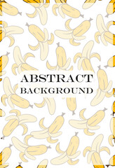 Banana pattern. Repeating peeled fruit illustrations on white background with center text frame, ideal for organic design, tropical branding, exotic menu decoration, fruity packaging.