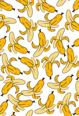 Banana seamless. Vivid repeating peeled fruits with dynamic layout on white backdrop, suitable for food wrapping, nutrition themes, market branding, organic products