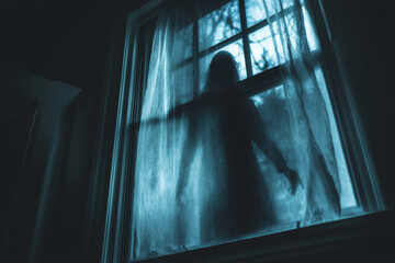 Blurred ghost silhouette in bedroom window at night horror scene