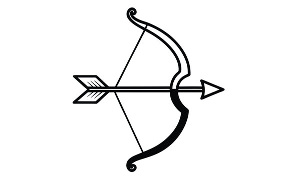 Bow and arrow side view silhouette, Bow and arrow icon, Black silhouette, Front and side view, Vector simple flat graphic illustration, Isolated object on white background 