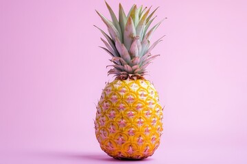 A single pineapple presented against a vibrant pink background