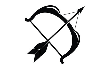 Bow and arrow side view silhouette, Bow and arrow icon, Black silhouette, Front and side view, Vector simple flat graphic illustration, Isolated object on white background 
