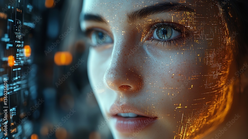 Aufkleber close up of a woman's face with digital overlay and tech interface in the background showing circuit