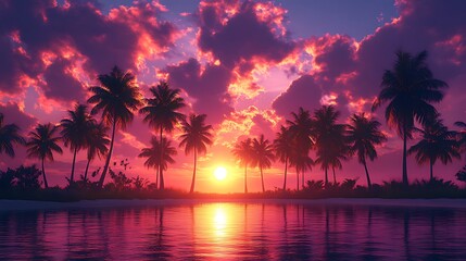 Obraz premium Palm trees lining sunset horizon high resolution picture