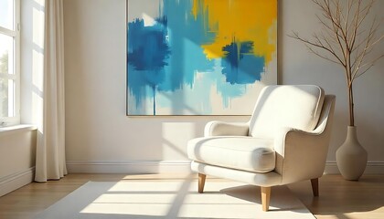 A modern living room displays an abstract painting and chair
