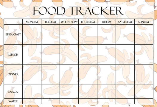Food tracker set icon. Banana-themed background with grid for logging meals and water intake daily across the week, designed for nutrition planning.