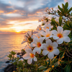 Beautiful plumeria flowers at sunset by ocean