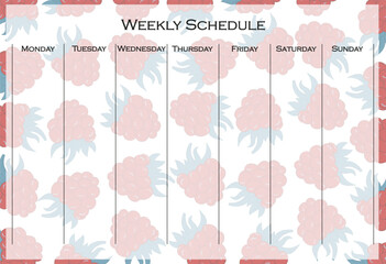 Weekly schedule set icon. Raspberry-themed design with vertical layout for each weekday, useful for organizing plans with a fun fruity background.