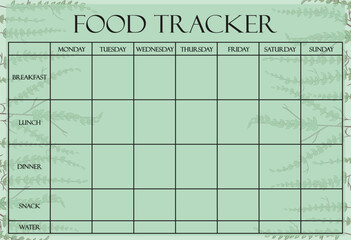 Food tracker set icon. Green botanical background with structured meal grid to log breakfast, lunch, dinner, snacks, and water throughout the week.