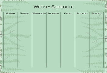 Weekly schedule set icon. Green leafy background with vertical layout for organizing weekly tasks in a natural, calm planner format.