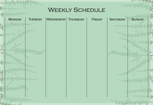Weekly schedule set icon. Green leafy background with vertical layout for organizing weekly tasks in a natural, calm planner format.