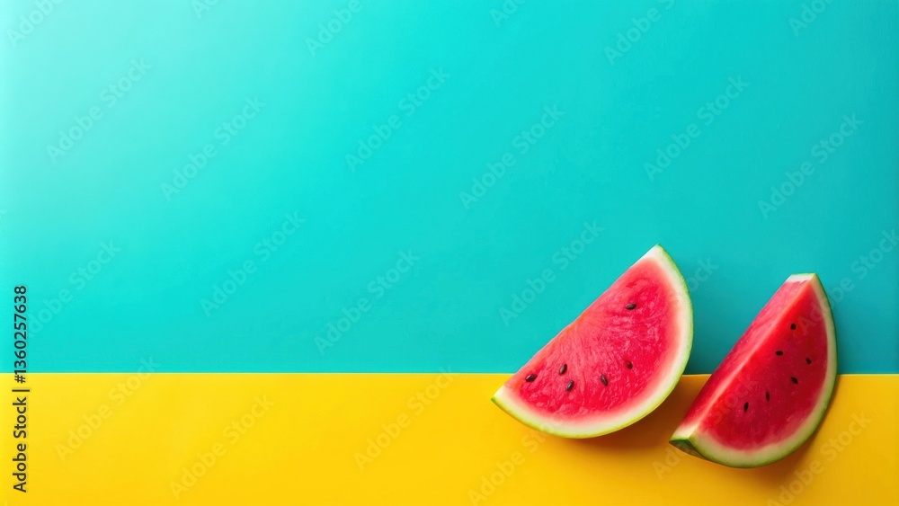 Poster two slices of refreshing watermelon on a vibrant teal and yellow background