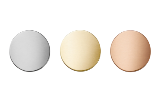 Three different colored coins are shown on a white background, isolated