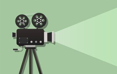 Cinema set icon. Vintage film camera on tripod projecting light, symbolizing filmmaking, media production, cinema, entertainment, and video storytelling.