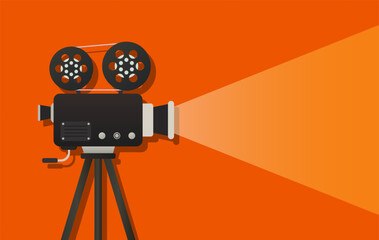 Obraz premium Cinema set icon. Vintage film camera on tripod projecting light, symbolizing filmmaking, media production, cinema, entertainment, and video storytelling.