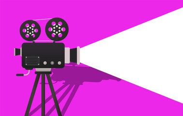 Obraz premium Film screening set icon. Vintage camera projects white light on purple background. Represents cinema, projection, film, media arts, and video creation.