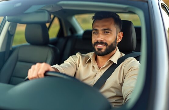Handsome latin man drives car, wearing seatbelt, smiling. Happy driver inside automobile. Safe driving concept, road trip, traveling. Businessman taxi driver with vehicle, new car purchase, auto