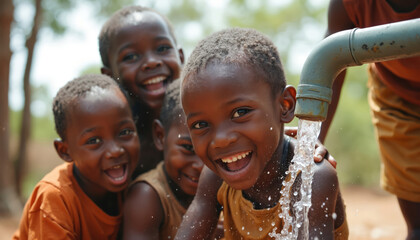 African children have fun at water tap, joyfully smiling. Children drink fresh water. Happy faces, pure water splashes, concept of clean water, life. Focus on health, hygiene, childhood in Africa.