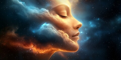 Obraz premium Woman's face is shown in a dreamy, surreal space with clouds and stars
