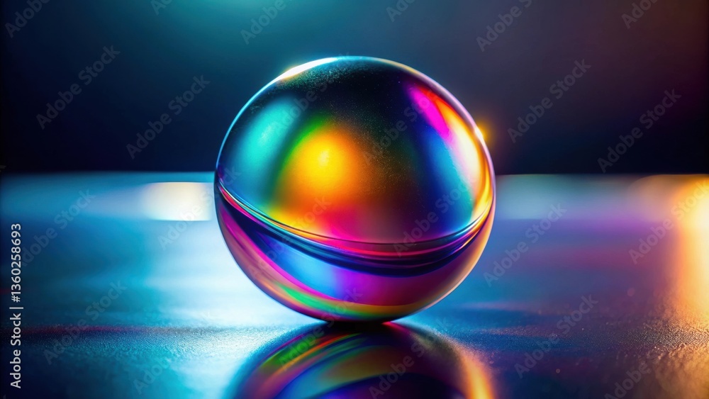Poster A vibrant iridescent sphere rests on a reflective surface, showcasing a spectrum of colors under dynamic lighting conditions