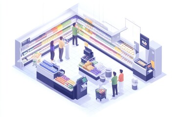 Obraz premium Modern isometric supermarket bustling with customers, self-checkouts, and couriers picking up groceries in a vibrant atmosphere Generative AI
