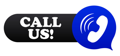 Contact set icon. Phone handset in blue bubble with phrase Call us shows customer support, communication, inquiry, phone call service, assistance, help line, hotline availability.