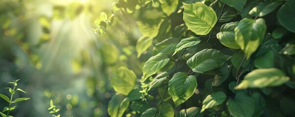 Fototapeta premium Green leaves, sunlight filtering through the foliage, creating an enchanting and ethereal atmosphere quiet and copy space.
