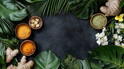 Tropical herbs, spices, dark background. Wellness, recipe, food blog