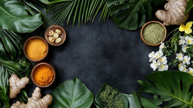 Tropical herbs, spices, dark background. Wellness, recipe, food blog