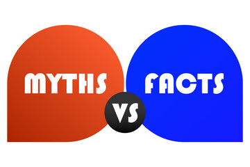 Info set icon. Red and blue overlapping speech bubbles with text Myths vs facts suggest knowledge, awareness, clarity, education, debunking misinformation, logic.