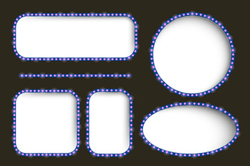 Frame set icon. Various glowing shapes with lightbulb borders on dark background for promotion, signage, announcement, digital design, advertisement, visual highlight.