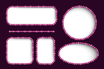 Frame set icon. Various glowing shapes with lightbulb borders on dark background for promotion, signage, announcement, digital design, advertisement, visual highlight.