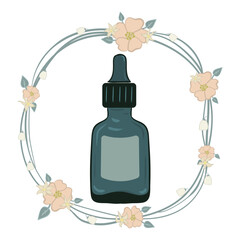 Cosmetic set icon. Single green dropper bottle surrounded by flowers implies concentrated serum, essential oil, botanical extract, minimalist skincare packaging.