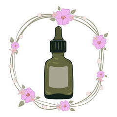 Cosmetic set icon. Single green dropper bottle surrounded by flowers implies concentrated serum, essential oil, botanical extract, minimalist skincare packaging.