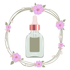 Cosmetic set icon. Single green dropper bottle surrounded by flowers implies concentrated serum, essential oil, botanical extract, minimalist skincare packaging.
