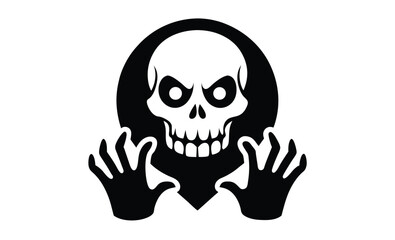 Skull and hands front view silhouette, Skull and hands icon, Black silhouette, Horizontal front view, Vector simple flat graphic illustration, Isolated object on a white background 