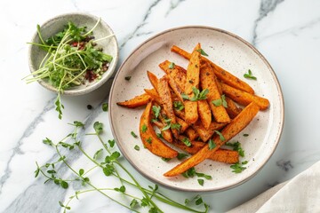 Delicious Roasted Sweet Potato Fries Served With Herbs Generative AI