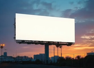 Large blank billboard illuminated at sunset in urban landscape