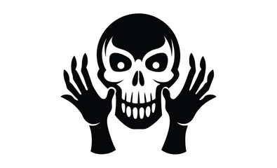 Skull and hands front view silhouette, Skull and hands icon, Black silhouette, Horizontal front view, Vector simple flat graphic illustration, Isolated object on a white background 