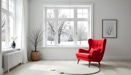An inviting living space with a red chair and snowy view