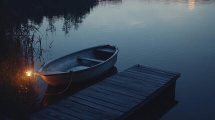 Obraz premium Serene evening lake, small boat at dock, calm water, tranquil scene, peaceful mood