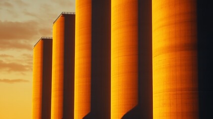 Obraz premium Tall industrial silos illuminated by sunset, showcasing vibrant color against a cloudy sky