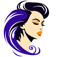 Beauty portrait set icon. Elegant woman profile with red lips and blue hair symbolizes femininity, glamour, style, makeup, self-care, modern beauty.
